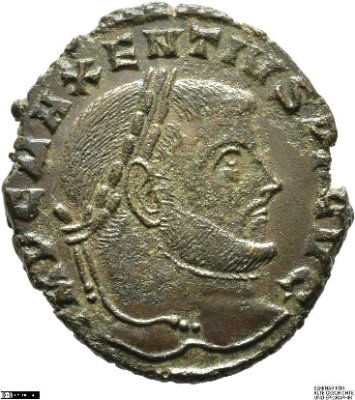 Nummus, Maxentius308 n. Chr.Antike HerrscherprägungMaxentius (gefallen 28.10. 312 n. Chr.)